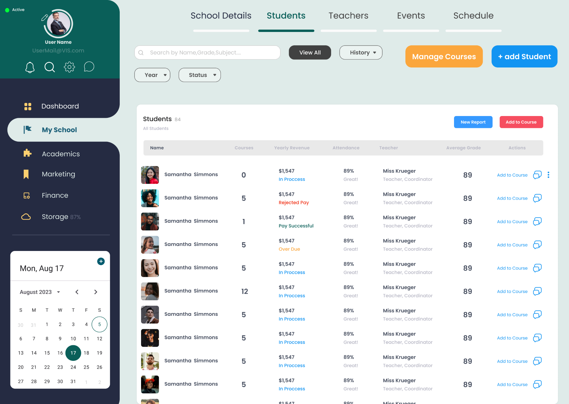 WIScool admin — students view on desktop